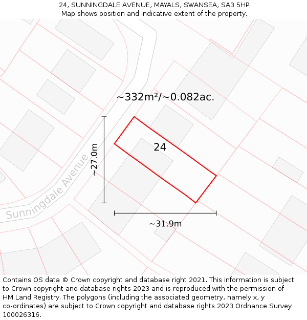 24, SUNNINGDALE AVENUE, MAYALS, SWANSEA, SA3 5HP: Plot and title map