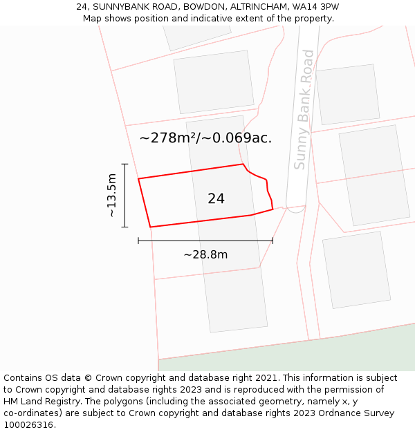 24, SUNNYBANK ROAD, BOWDON, ALTRINCHAM, WA14 3PW: Plot and title map