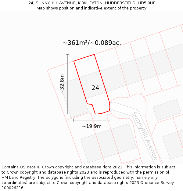 24, SUNNYHILL AVENUE, KIRKHEATON, HUDDERSFIELD, HD5 0HF: Plot and title map