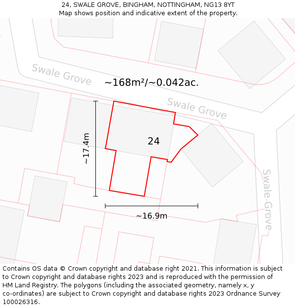 24, SWALE GROVE, BINGHAM, NOTTINGHAM, NG13 8YT: Plot and title map