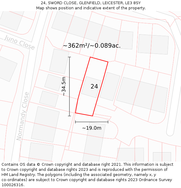 24, SWORD CLOSE, GLENFIELD, LEICESTER, LE3 8SY: Plot and title map