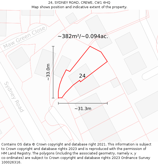 24, SYDNEY ROAD, CREWE, CW1 4HQ: Plot and title map