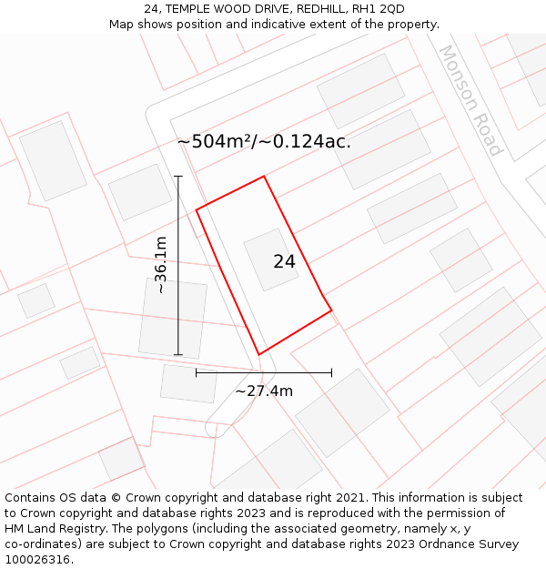 24, TEMPLE WOOD DRIVE, REDHILL, RH1 2QD: Plot and title map