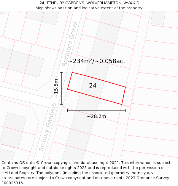 24, TENBURY GARDENS, WOLVERHAMPTON, WV4 4JD: Plot and title map