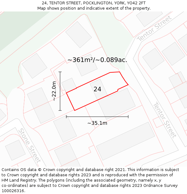 24, TENTOR STREET, POCKLINGTON, YORK, YO42 2FT: Plot and title map