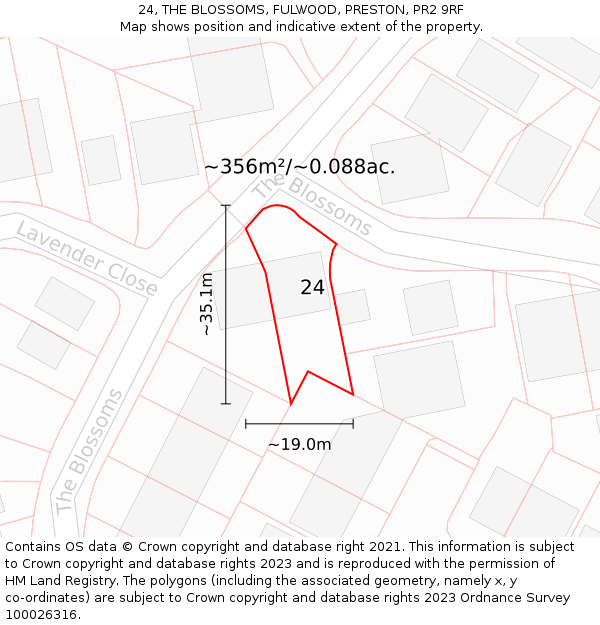 24, THE BLOSSOMS, FULWOOD, PRESTON, PR2 9RF: Plot and title map