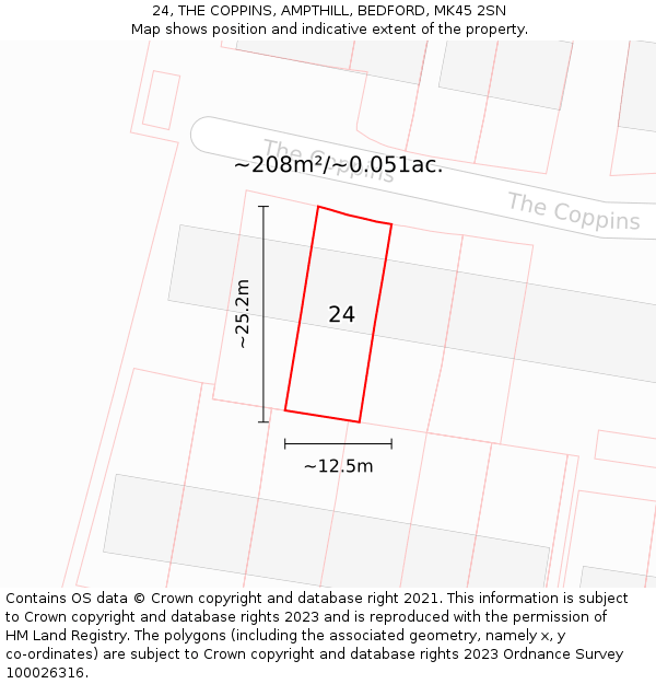 24, THE COPPINS, AMPTHILL, BEDFORD, MK45 2SN: Plot and title map