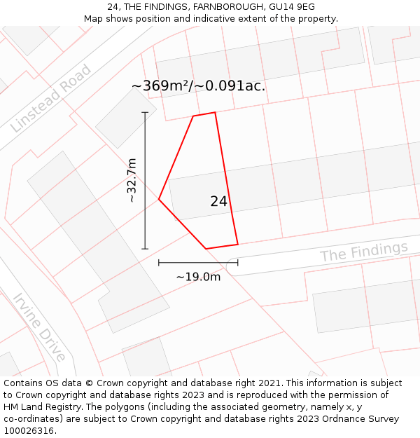 24, THE FINDINGS, FARNBOROUGH, GU14 9EG: Plot and title map