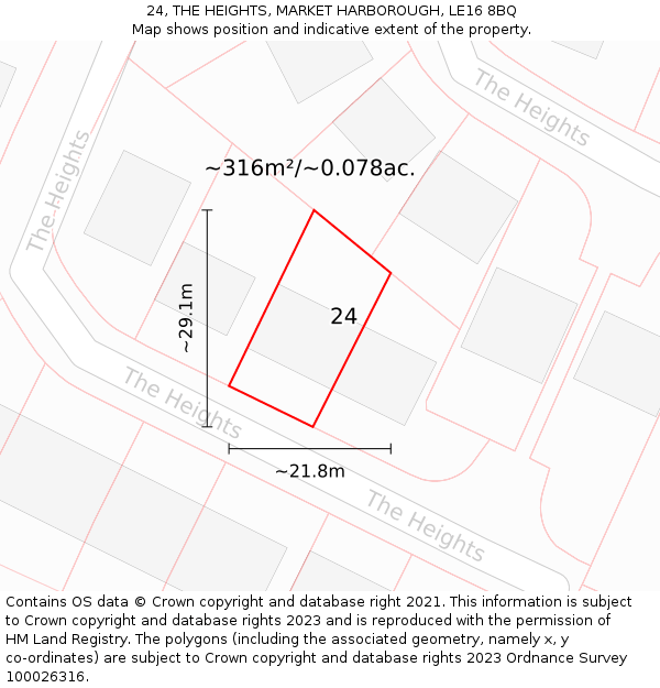 24, THE HEIGHTS, MARKET HARBOROUGH, LE16 8BQ: Plot and title map