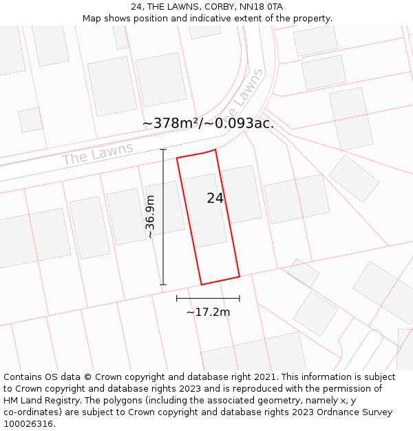 24, THE LAWNS, CORBY, NN18 0TA: Plot and title map