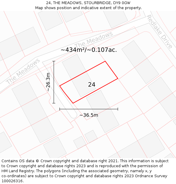 24, THE MEADOWS, STOURBRIDGE, DY9 0GW: Plot and title map