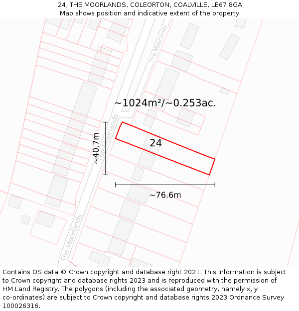 24, THE MOORLANDS, COLEORTON, COALVILLE, LE67 8GA: Plot and title map