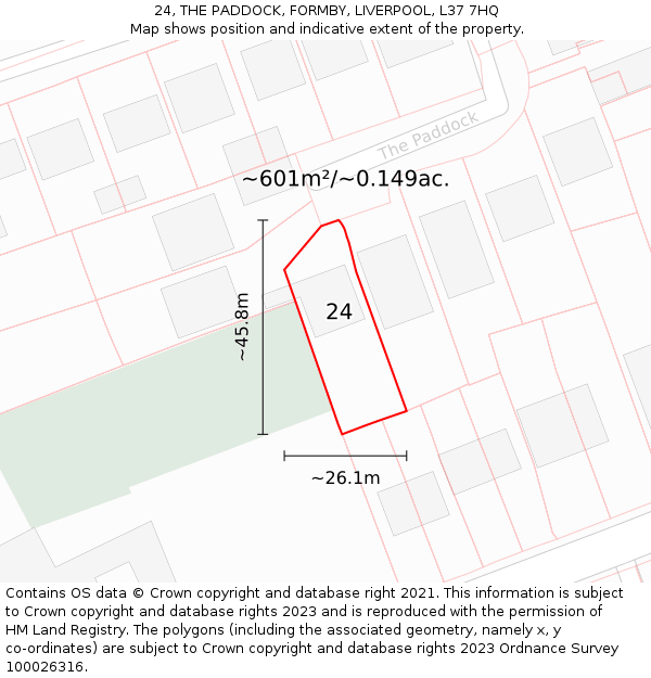 24, THE PADDOCK, FORMBY, LIVERPOOL, L37 7HQ: Plot and title map