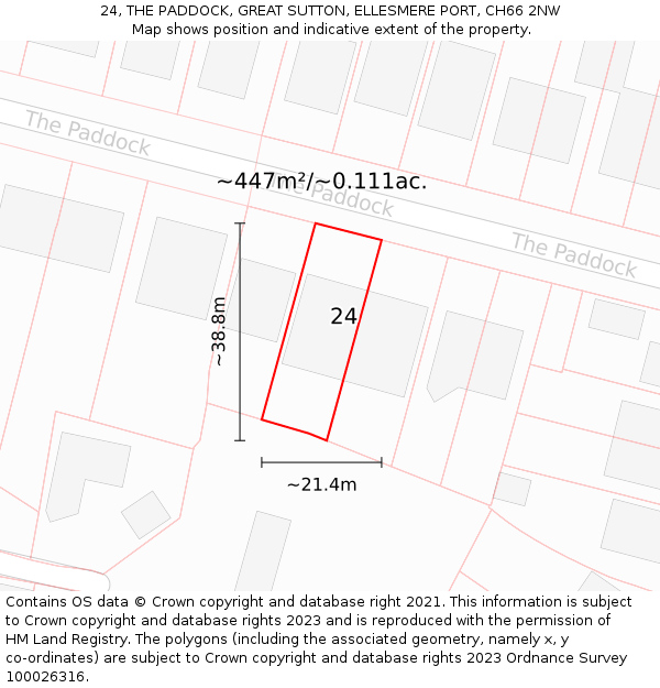 24, THE PADDOCK, GREAT SUTTON, ELLESMERE PORT, CH66 2NW: Plot and title map