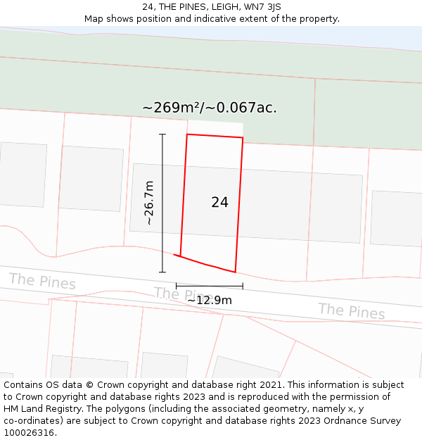 24, THE PINES, LEIGH, WN7 3JS: Plot and title map