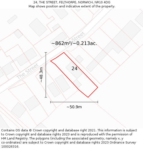 24, THE STREET, FELTHORPE, NORWICH, NR10 4DG: Plot and title map