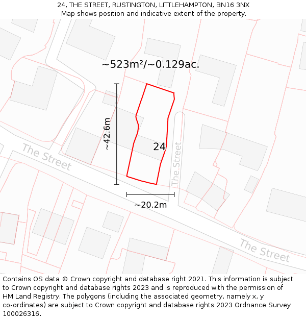 24, THE STREET, RUSTINGTON, LITTLEHAMPTON, BN16 3NX: Plot and title map