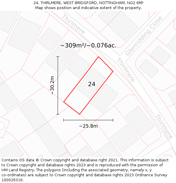 24, THIRLMERE, WEST BRIDGFORD, NOTTINGHAM, NG2 6RP: Plot and title map