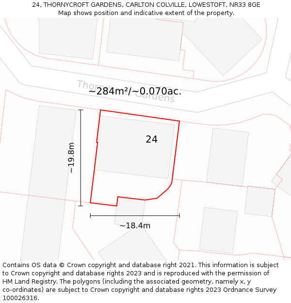 24, THORNYCROFT GARDENS, CARLTON COLVILLE, LOWESTOFT, NR33 8GE: Plot and title map