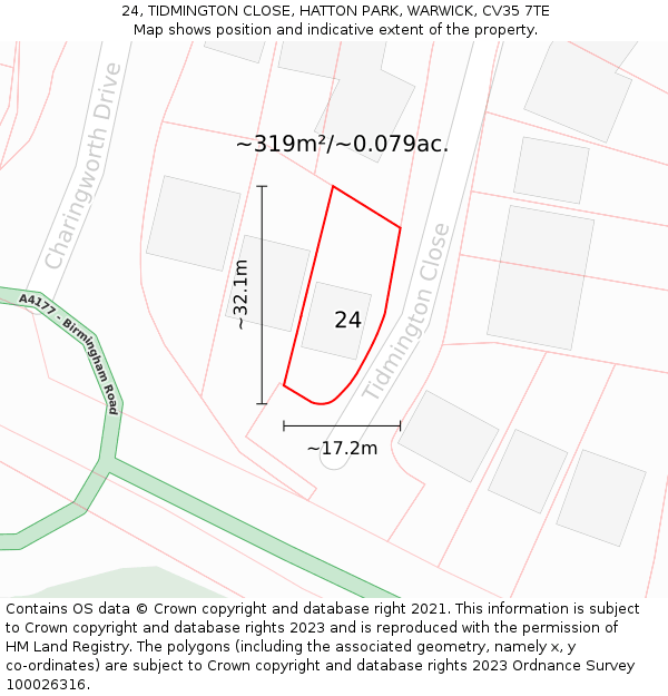 24, TIDMINGTON CLOSE, HATTON PARK, WARWICK, CV35 7TE: Plot and title map