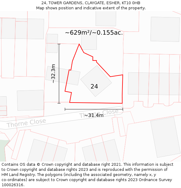 24, TOWER GARDENS, CLAYGATE, ESHER, KT10 0HB: Plot and title map