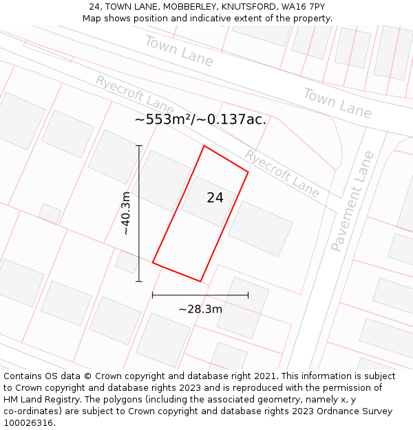 24, TOWN LANE, MOBBERLEY, KNUTSFORD, WA16 7PY: Plot and title map