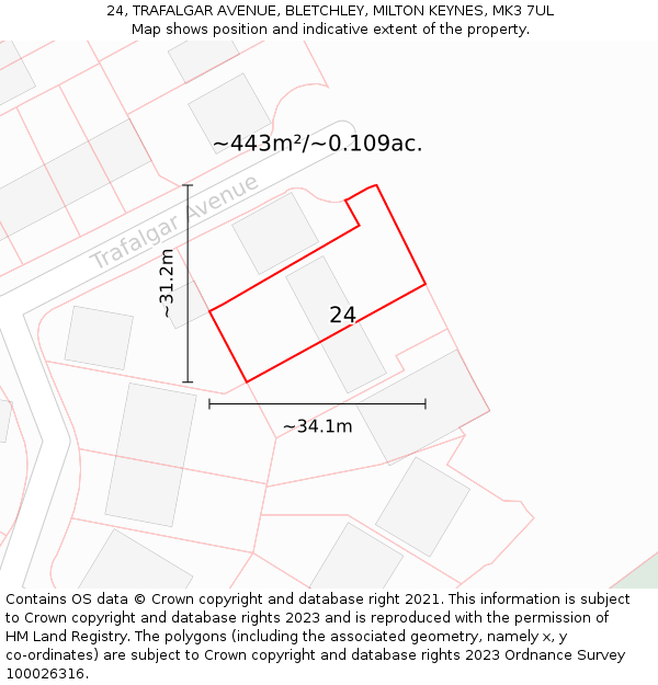 24, TRAFALGAR AVENUE, BLETCHLEY, MILTON KEYNES, MK3 7UL: Plot and title map