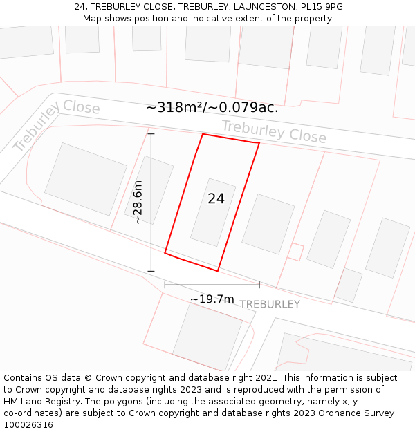 24, TREBURLEY CLOSE, TREBURLEY, LAUNCESTON, PL15 9PG: Plot and title map