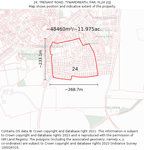 24, TRENANT ROAD, TYWARDREATH, PAR, PL24 2QJ: Plot and title map