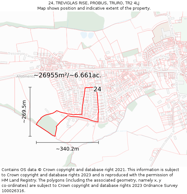 24, TREVIGLAS RISE, PROBUS, TRURO, TR2 4LJ: Plot and title map