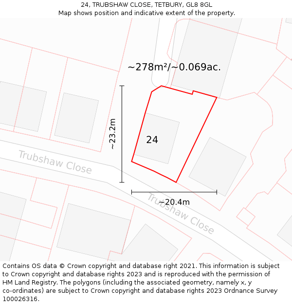 24, TRUBSHAW CLOSE, TETBURY, GL8 8GL: Plot and title map