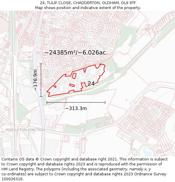 24, TULIP CLOSE, CHADDERTON, OLDHAM, OL9 9TF: Plot and title map