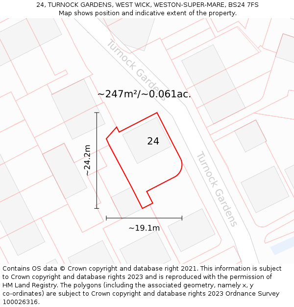 24, TURNOCK GARDENS, WEST WICK, WESTON-SUPER-MARE, BS24 7FS: Plot and title map
