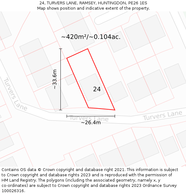 24, TURVERS LANE, RAMSEY, HUNTINGDON, PE26 1ES: Plot and title map