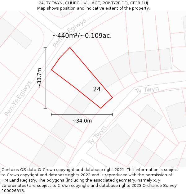 24, TY TWYN, CHURCH VILLAGE, PONTYPRIDD, CF38 1UJ: Plot and title map