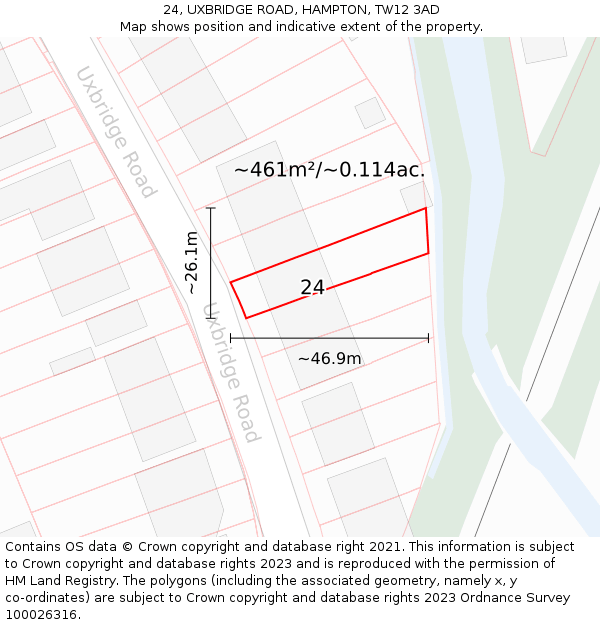 24, UXBRIDGE ROAD, HAMPTON, TW12 3AD: Plot and title map