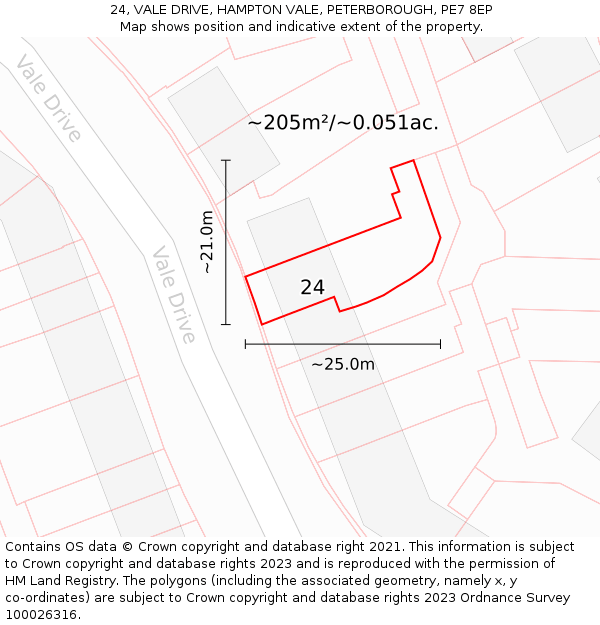 24, VALE DRIVE, HAMPTON VALE, PETERBOROUGH, PE7 8EP: Plot and title map