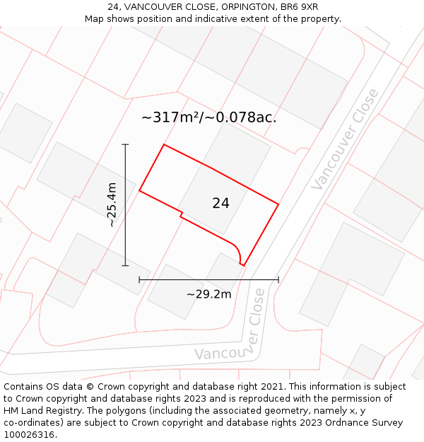 24, VANCOUVER CLOSE, ORPINGTON, BR6 9XR: Plot and title map