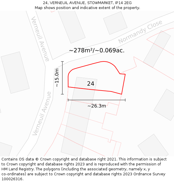 24, VERNEUIL AVENUE, STOWMARKET, IP14 2EG: Plot and title map