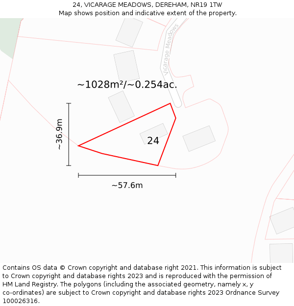 24, VICARAGE MEADOWS, DEREHAM, NR19 1TW: Plot and title map