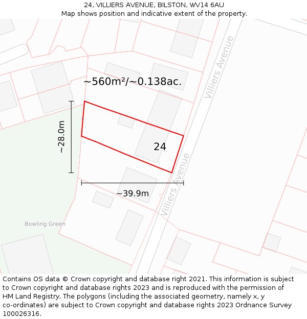 24, VILLIERS AVENUE, BILSTON, WV14 6AU: Plot and title map