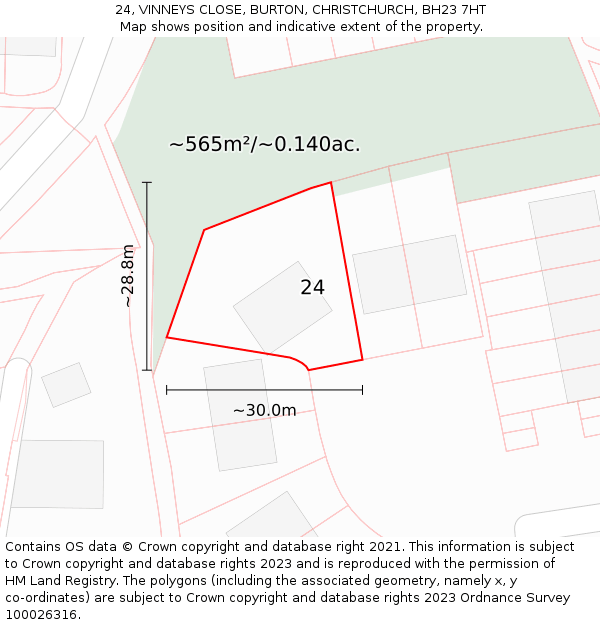 24, VINNEYS CLOSE, BURTON, CHRISTCHURCH, BH23 7HT: Plot and title map