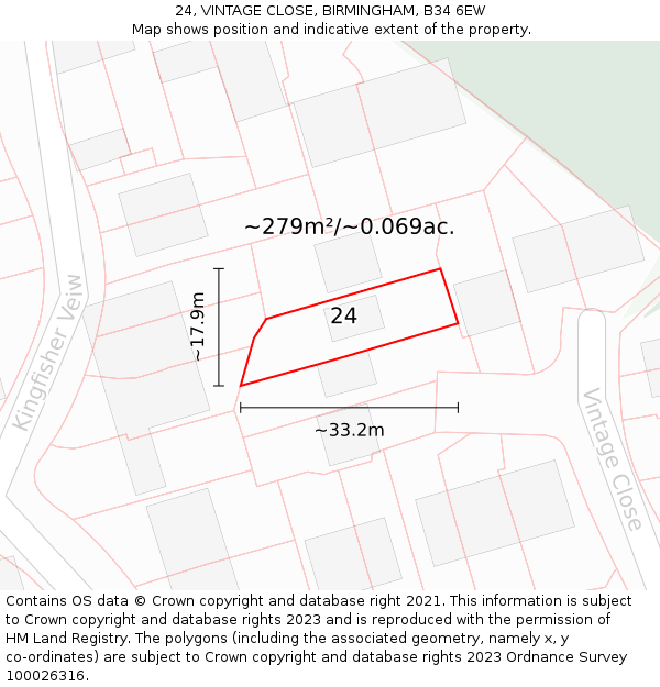 24, VINTAGE CLOSE, BIRMINGHAM, B34 6EW: Plot and title map