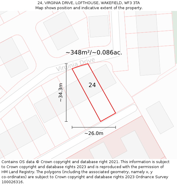 24, VIRGINIA DRIVE, LOFTHOUSE, WAKEFIELD, WF3 3TA: Plot and title map