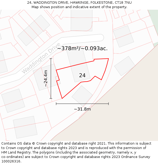 24, WADDINGTON DRIVE, HAWKINGE, FOLKESTONE, CT18 7NU: Plot and title map