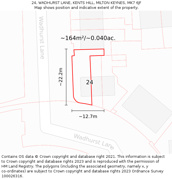 24, WADHURST LANE, KENTS HILL, MILTON KEYNES, MK7 6JF: Plot and title map