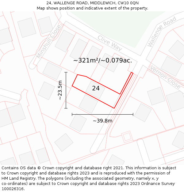 24, WALLENGE ROAD, MIDDLEWICH, CW10 0QN: Plot and title map