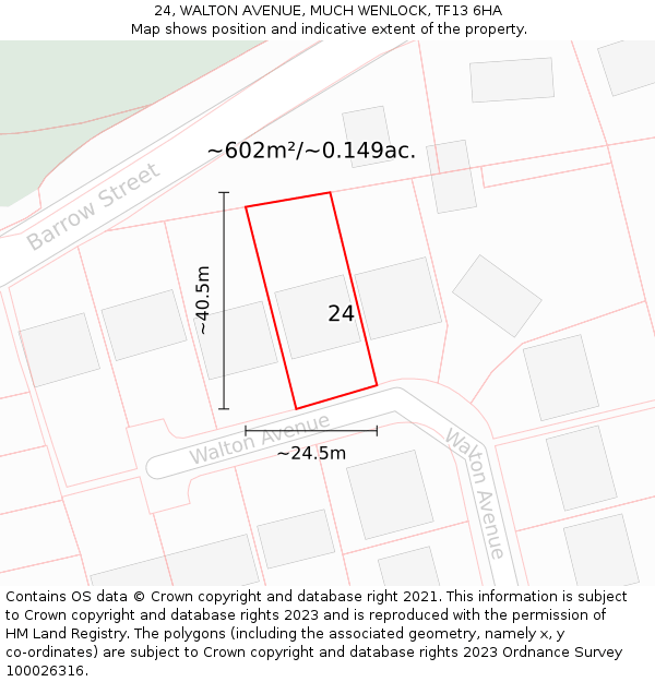 24, WALTON AVENUE, MUCH WENLOCK, TF13 6HA: Plot and title map