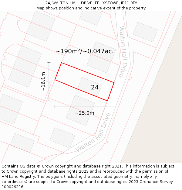 24, WALTON HALL DRIVE, FELIXSTOWE, IP11 9FA: Plot and title map