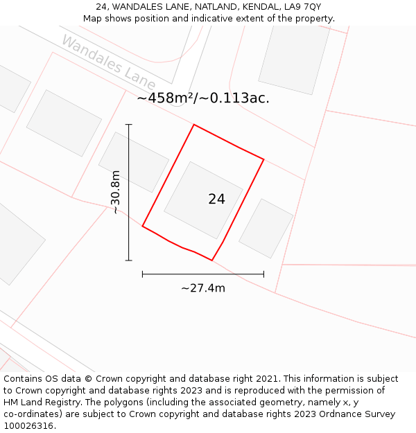 24, WANDALES LANE, NATLAND, KENDAL, LA9 7QY: Plot and title map